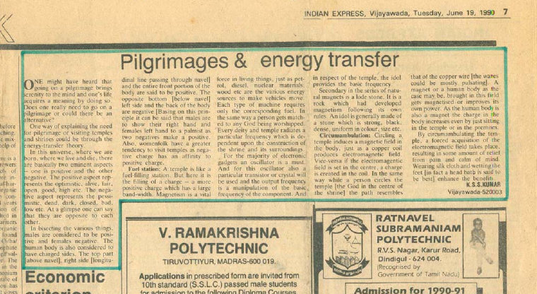 Indian Express - Piligrimages & Energy Transfer by KSS Kumar, Vijayawada